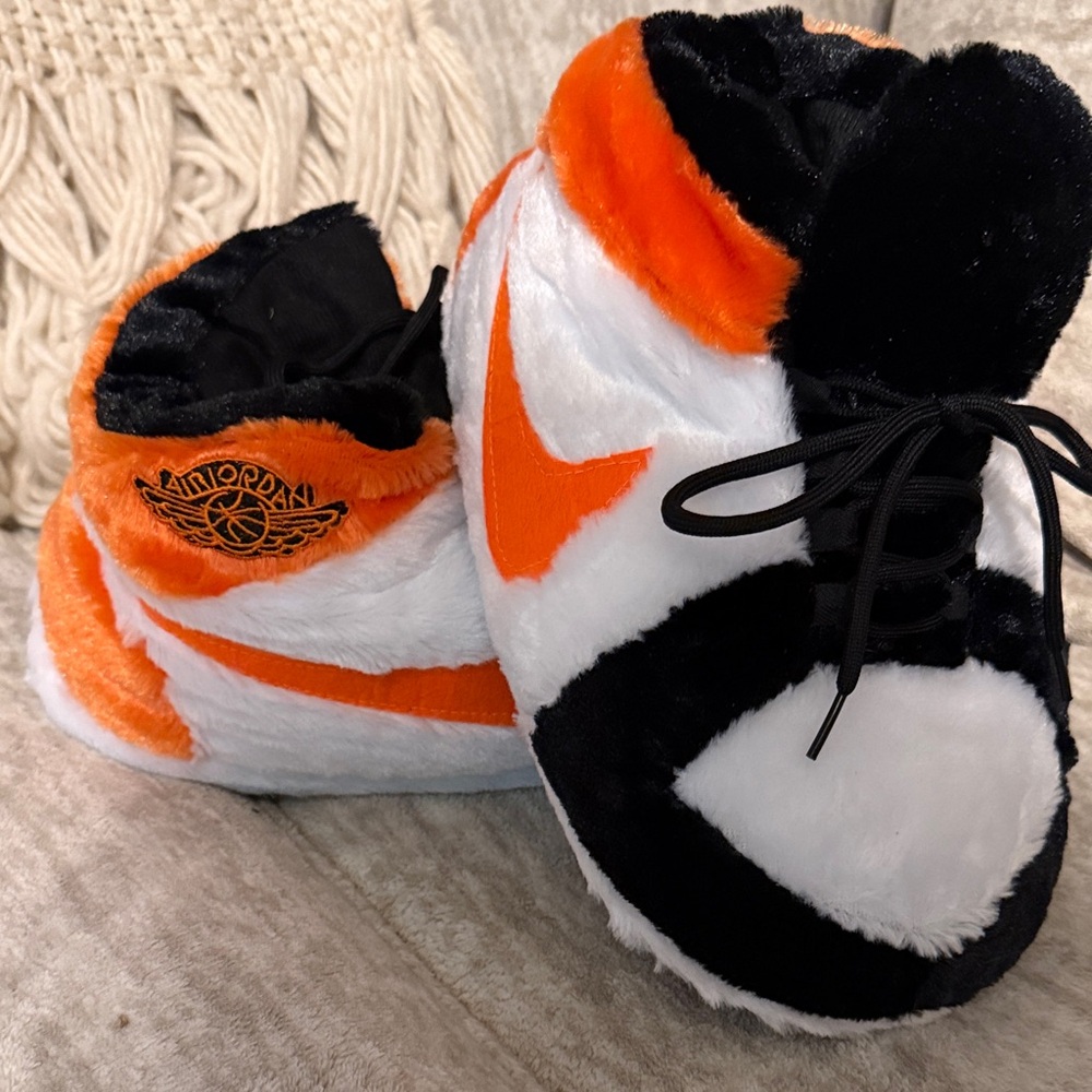 Nike Air Jordan Plush Slippers - Orange, Black, and White Gender Neutral